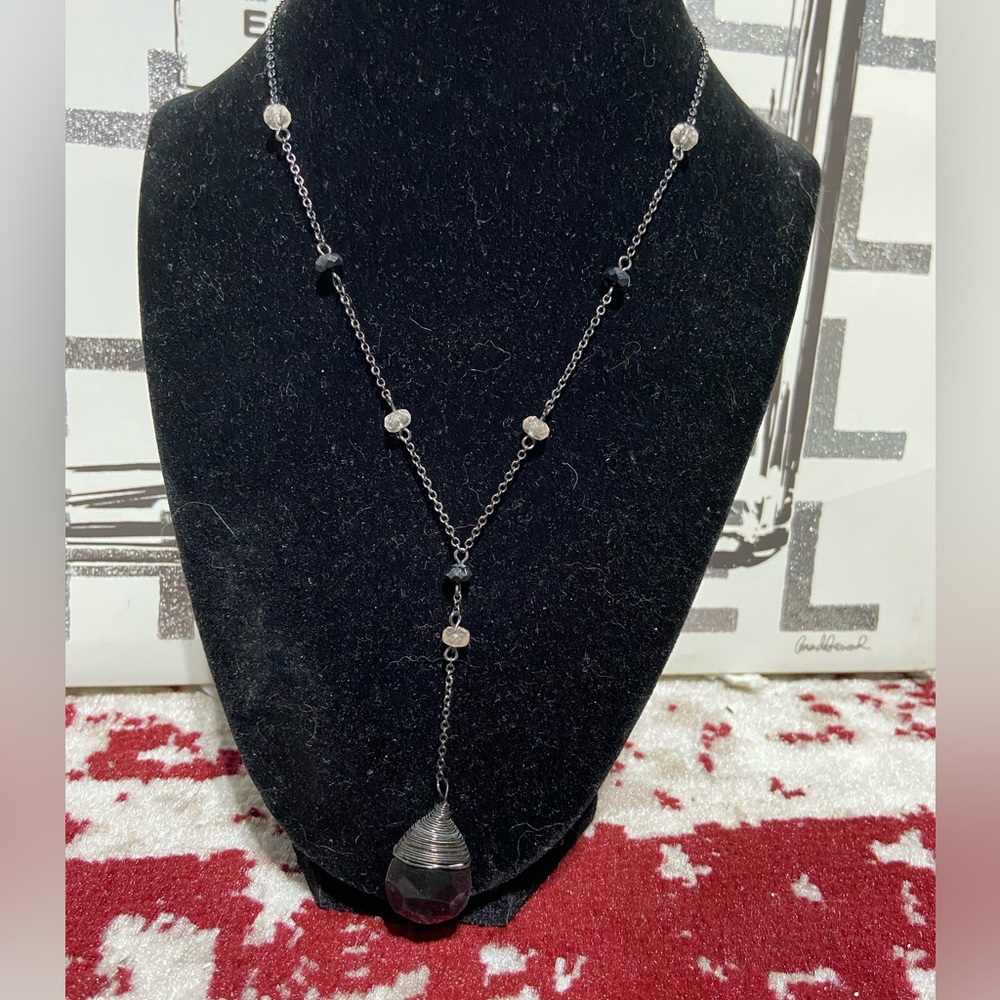 Gun Metal Black and Clear Beaded Necklace With “Y” Drop